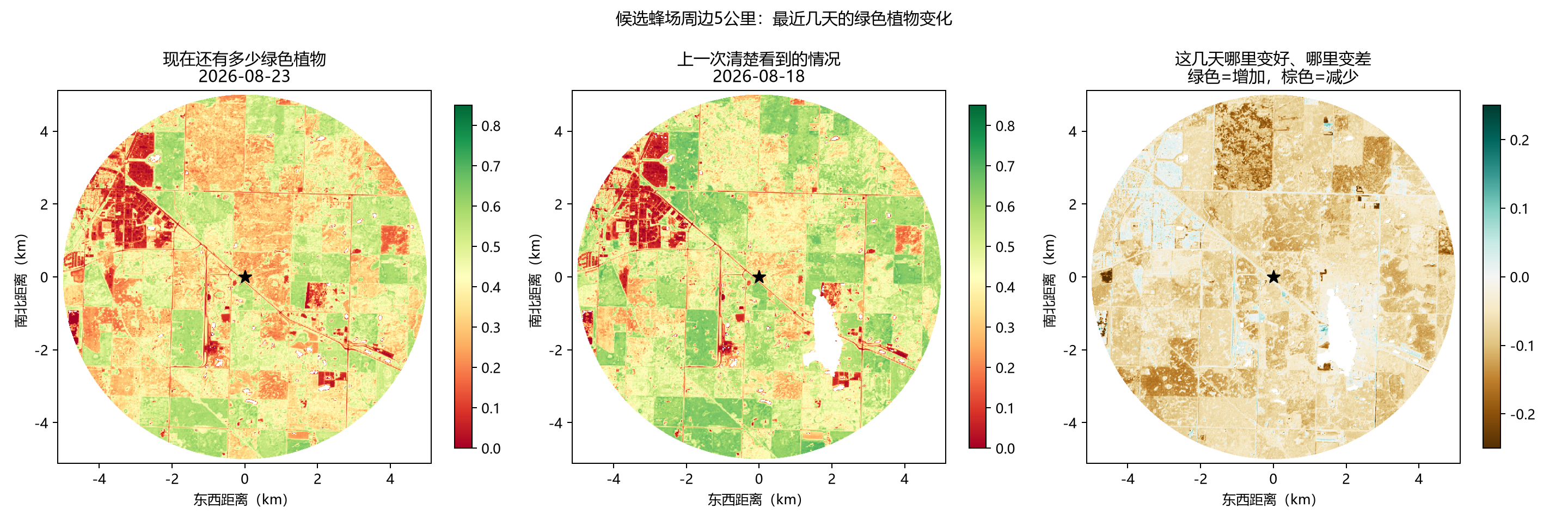 Original prototype maps comparing green vegetation around a candidate site on two dates in August 2026.